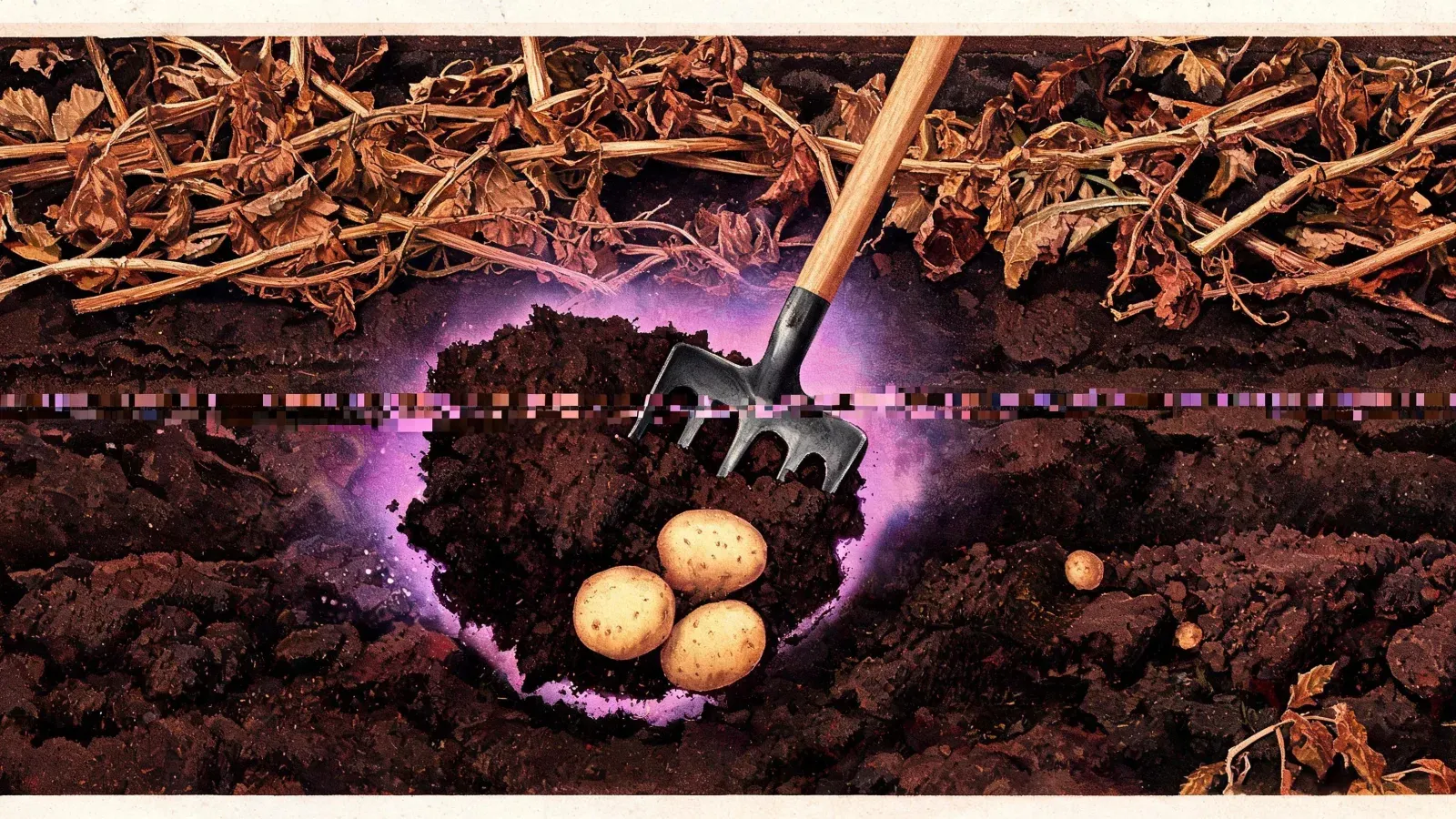 A fork lifting pale potatoes out of dark soil, with the plant's own dead brown tops lying across the row above them.