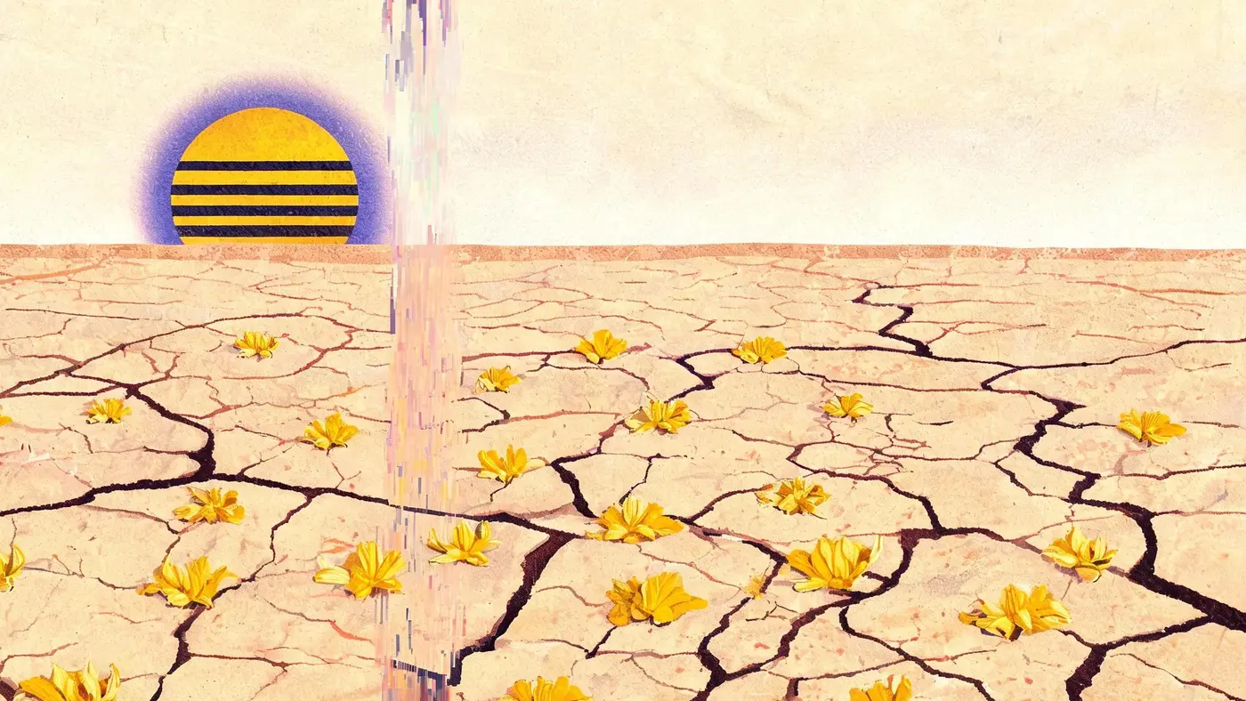 Dried yellow blossoms scattered where they fell across cracked pale soil, seen from ground level, with a banded sun disc low on the horizon in a bleached sky.