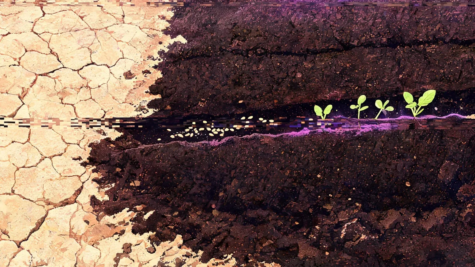 A seed drill in dark soil with tiny carrot seeds, radish seedlings up at one end, and dry cracked crust at the other.
