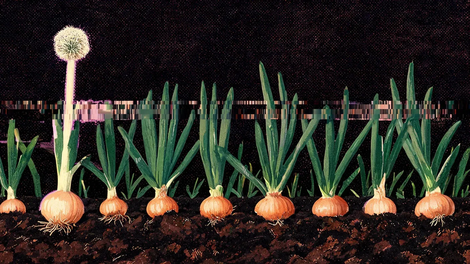 A row of onions with bulbs half out of dark soil, and one near the end sending up a tall flower stalk above the rest.