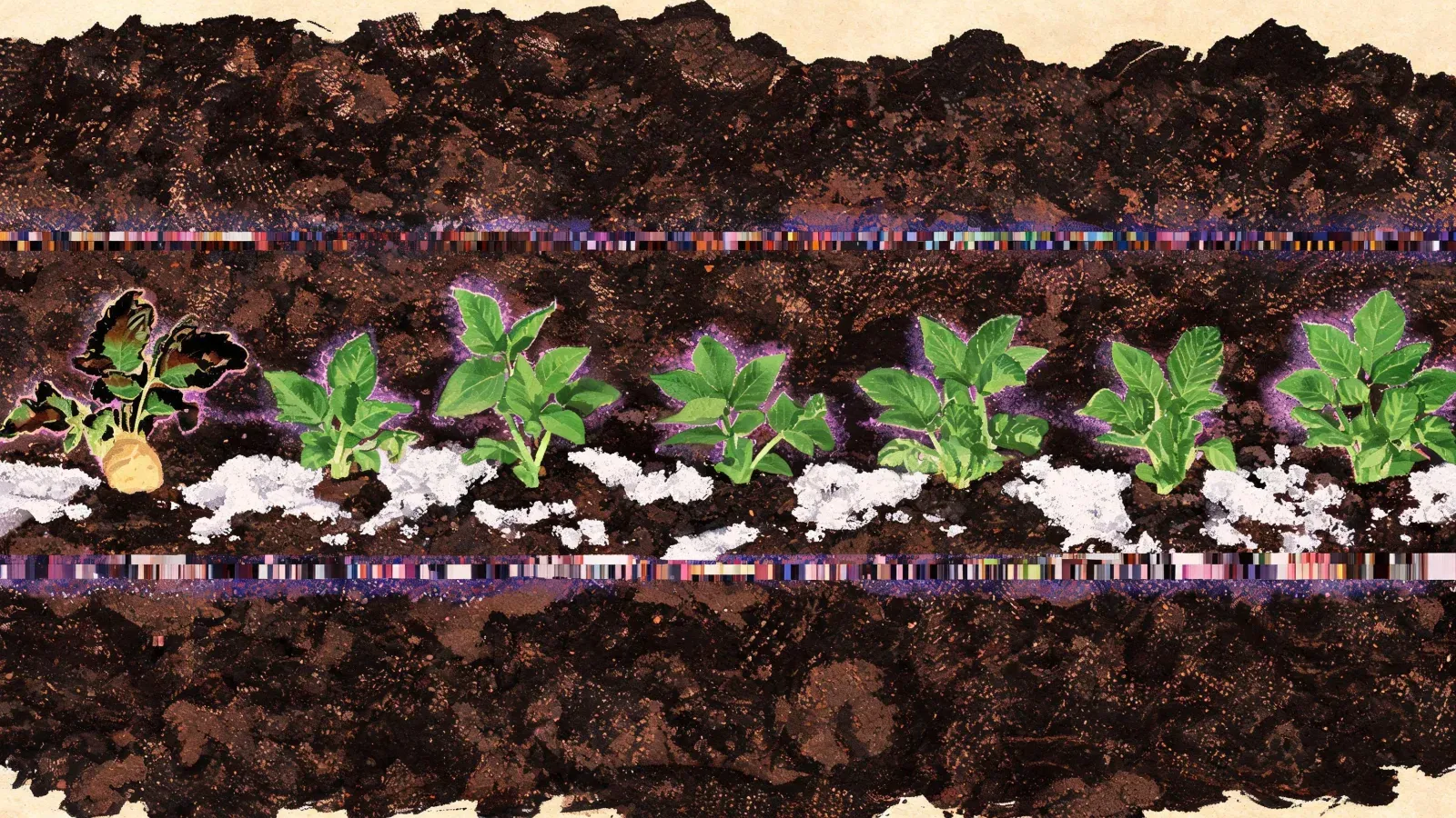 A row of young potato shoots through dark soil with frost lying between them, the plant at one end blackened by cold.