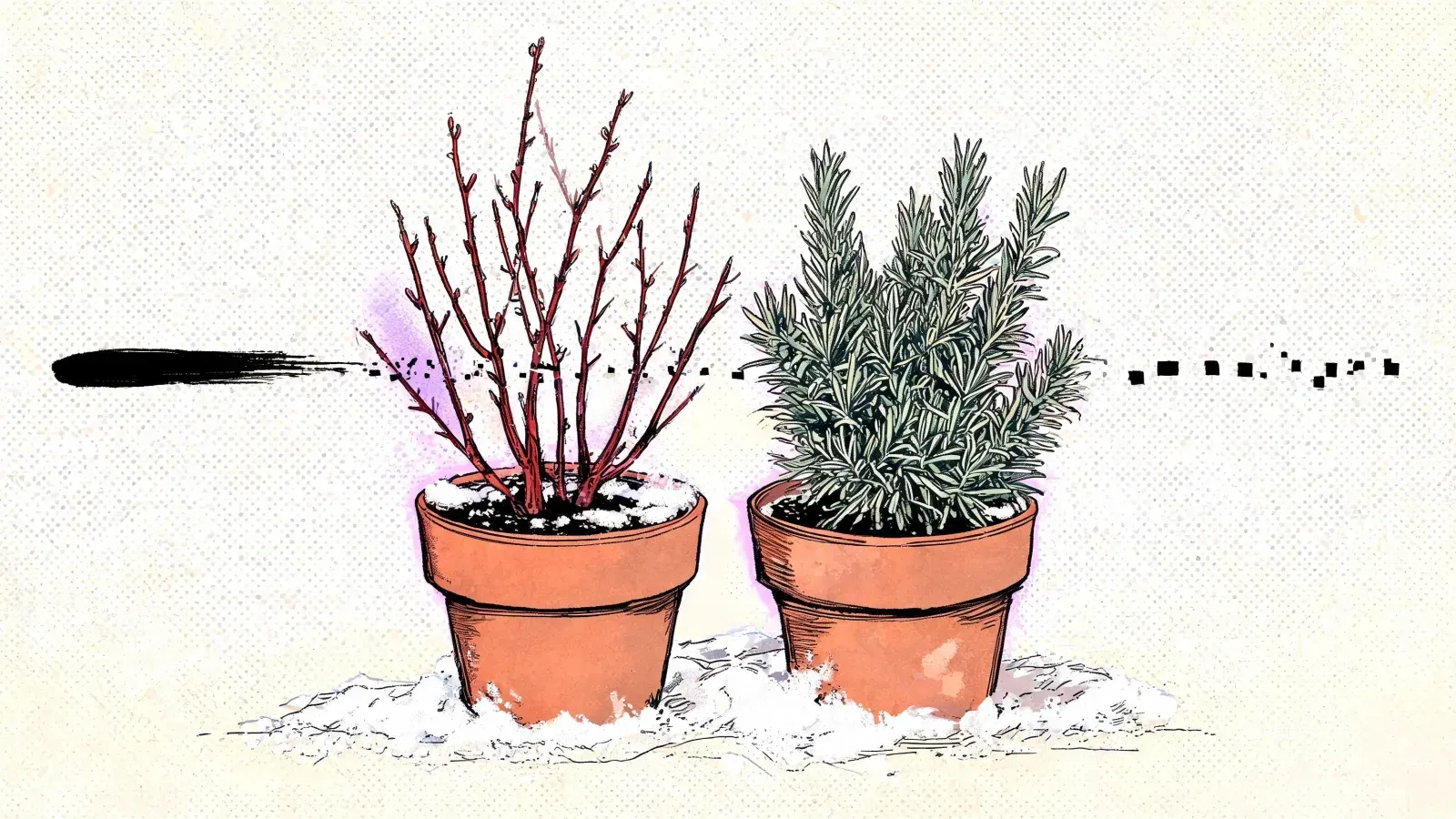 Two terracotta pots standing in snow. The one on the left holds a shrub cut back to bare red stems; the one on the right holds a rosemary still fully green.