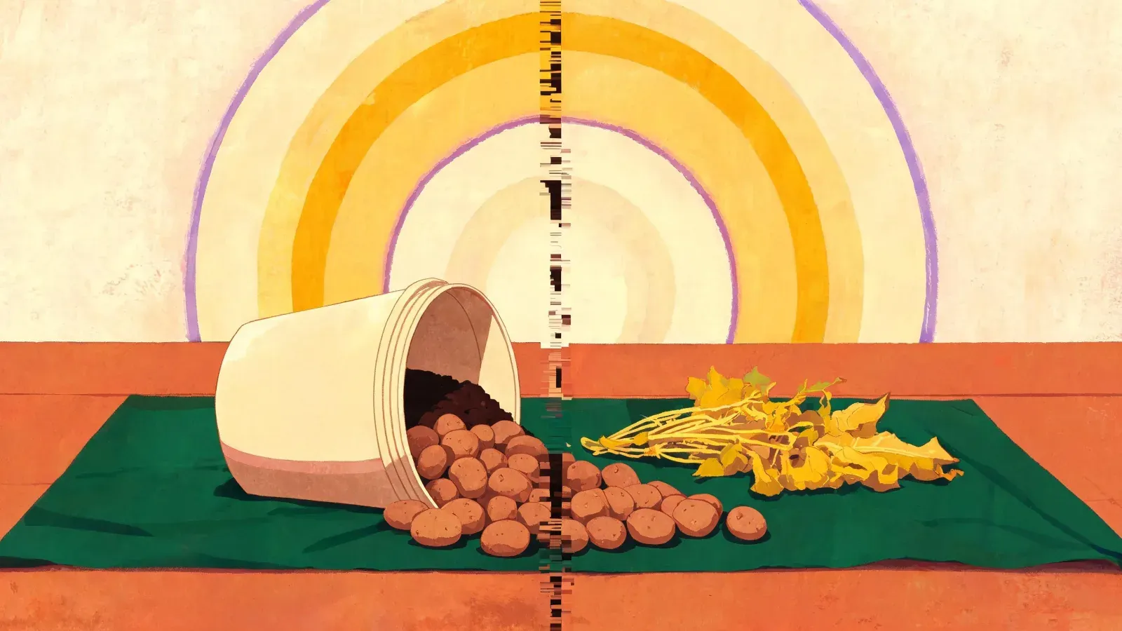 A cream bucket tipped on its side on a green tarp with potatoes spilling out of it, a heap of spent yellow foliage beside them, against wide bands of yellow sun.