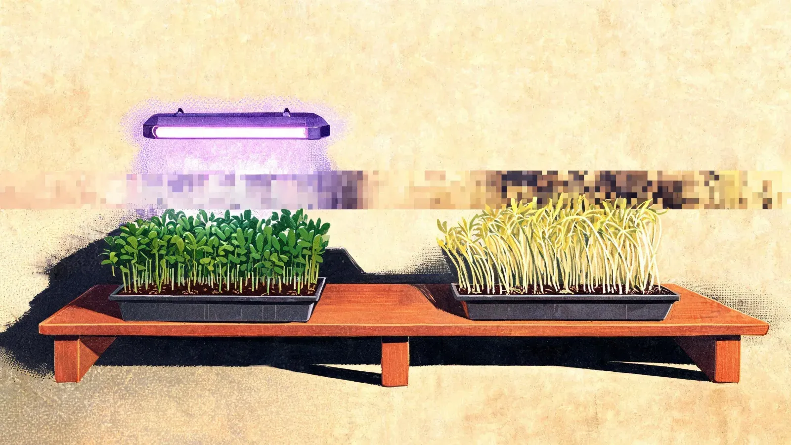 One bench, one lamp: the tray under it is short and green, the tray further away is pale and stretched toward the light.