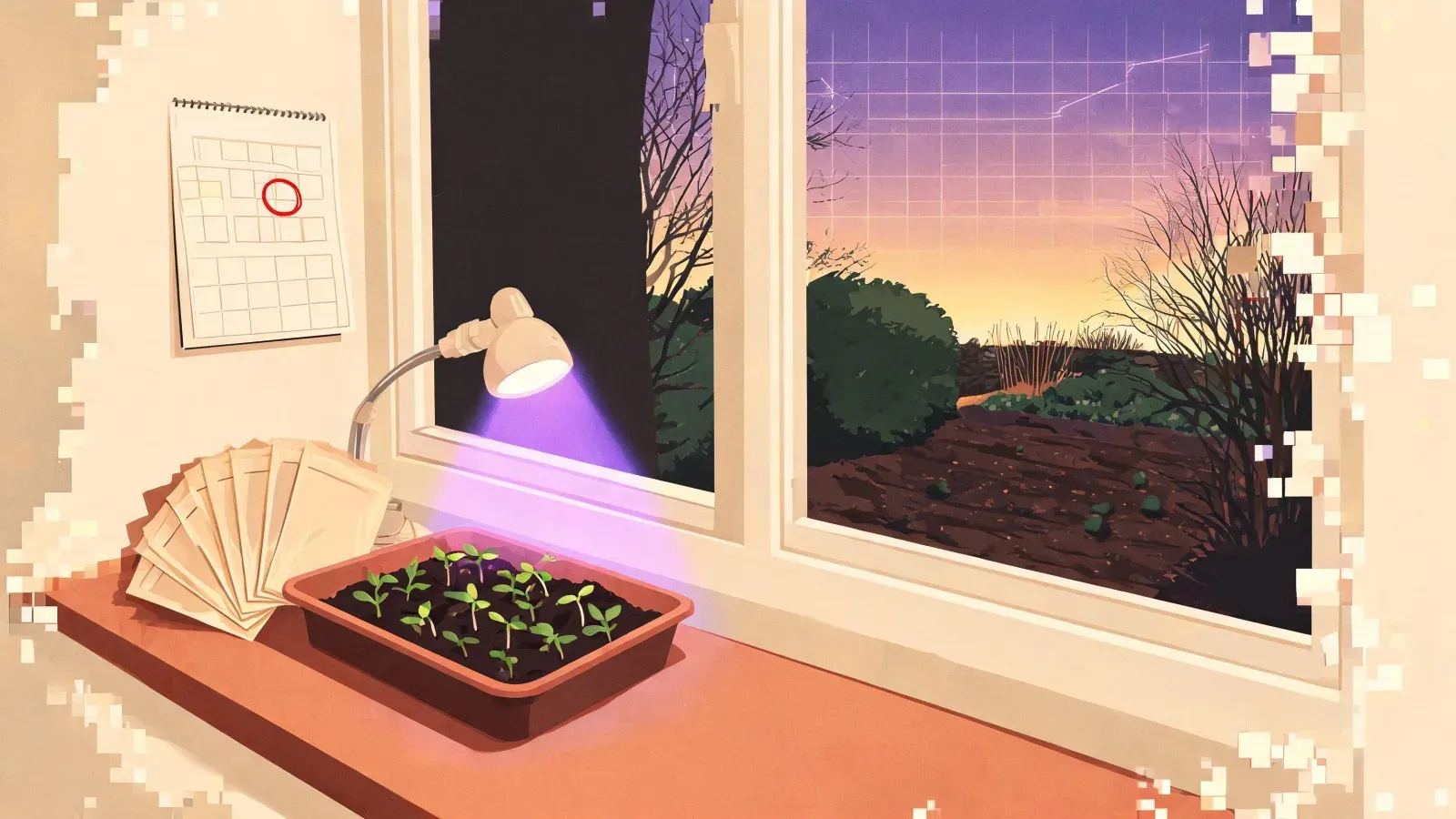A tray of seedlings on a windowsill under a small desk lamp, seed packets fanned out beside it and a wall calendar with one date circled in red. Through the window, a bare garden at dusk.