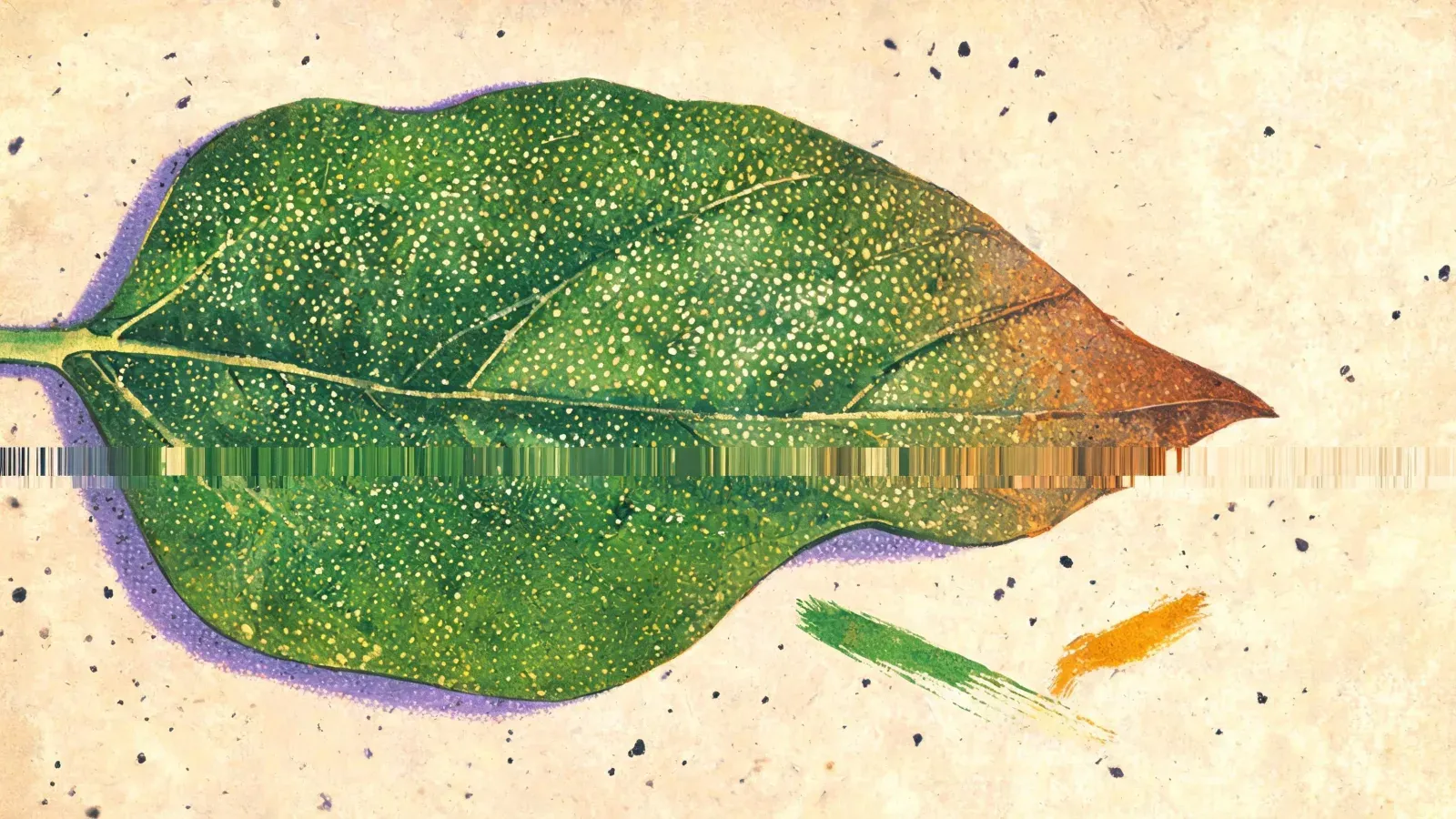 A speckled green leaf bronzing at the tip, with two smears on the paper below it, one green and one orange.