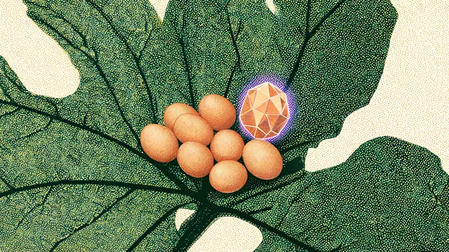 The underside of a large squash leaf, with a tight cluster of coppery bronze eggs tucked into the V where two leaf veins meet.