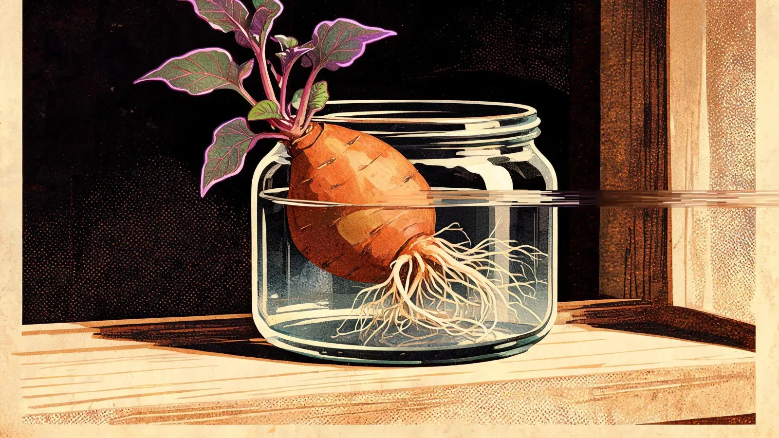 A sweet potato half-submerged in a jar of water, purple-green shoots rising from its top and pale roots fanning below.