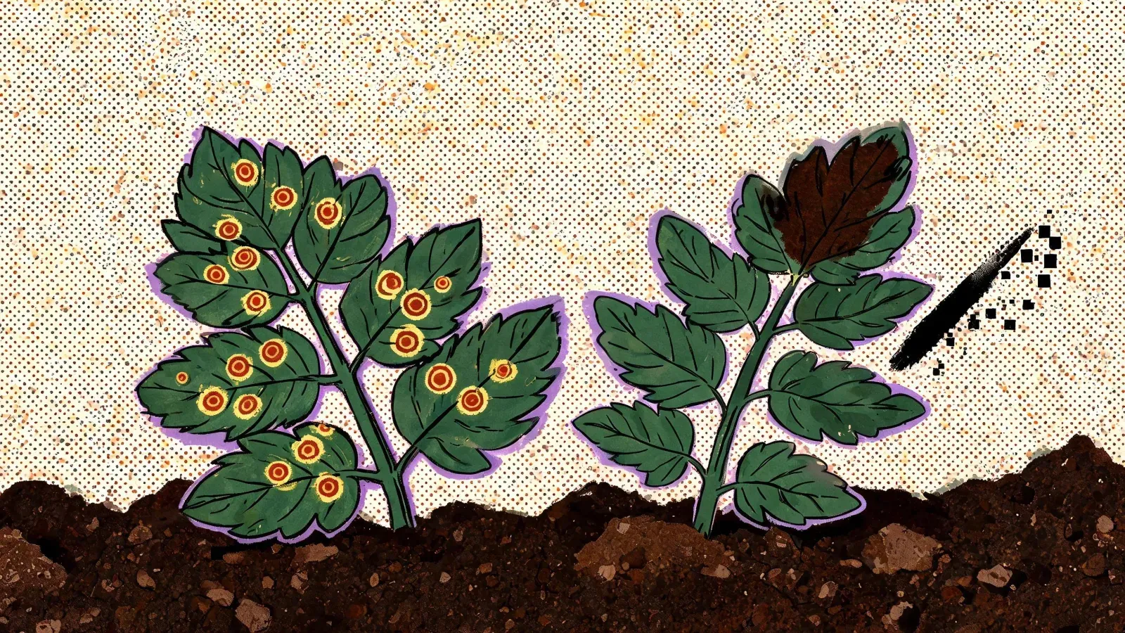 Two compound tomato leaves lying on dark soil. The leaflets of the left leaf are covered in small brown spots, each with concentric rings inside it and a yellow halo around it. On the right leaf, one leaflet is almost entirely taken over by a single large dark-brown blotch.