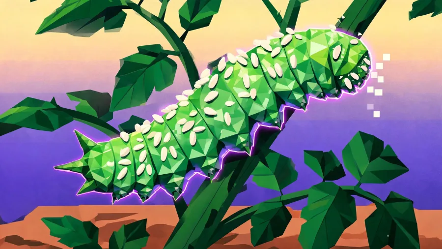 A large green caterpillar gripping the stem of a tomato plant, its back and sides covered with dozens of small white cocoons lying flat against its skin.