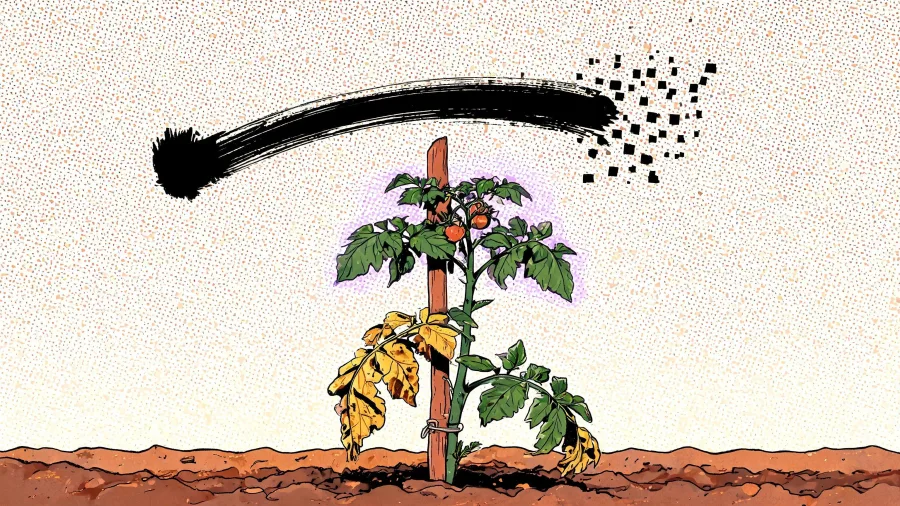 A tomato plant tied to a wooden stake in bare soil. Its lowest leaves have gone yellow and are drooping, while the top of the plant stays green and carries small ripening tomatoes.