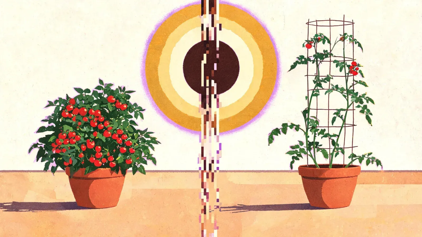Two potted tomatoes on a patio. On the left a short bushy plant loaded with ripe fruit fills its pot; on the right a tall thin plant climbs a wire cage with only a few tomatoes on it.