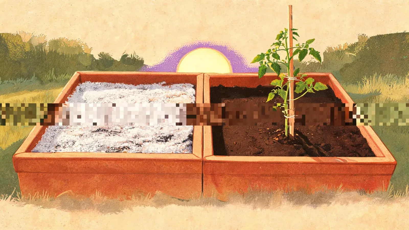 Two terracotta raised beds side by side at sunrise. The left bed is still white with frost and empty; the right has thawed dark soil with a young tomato plant tied to a stake.