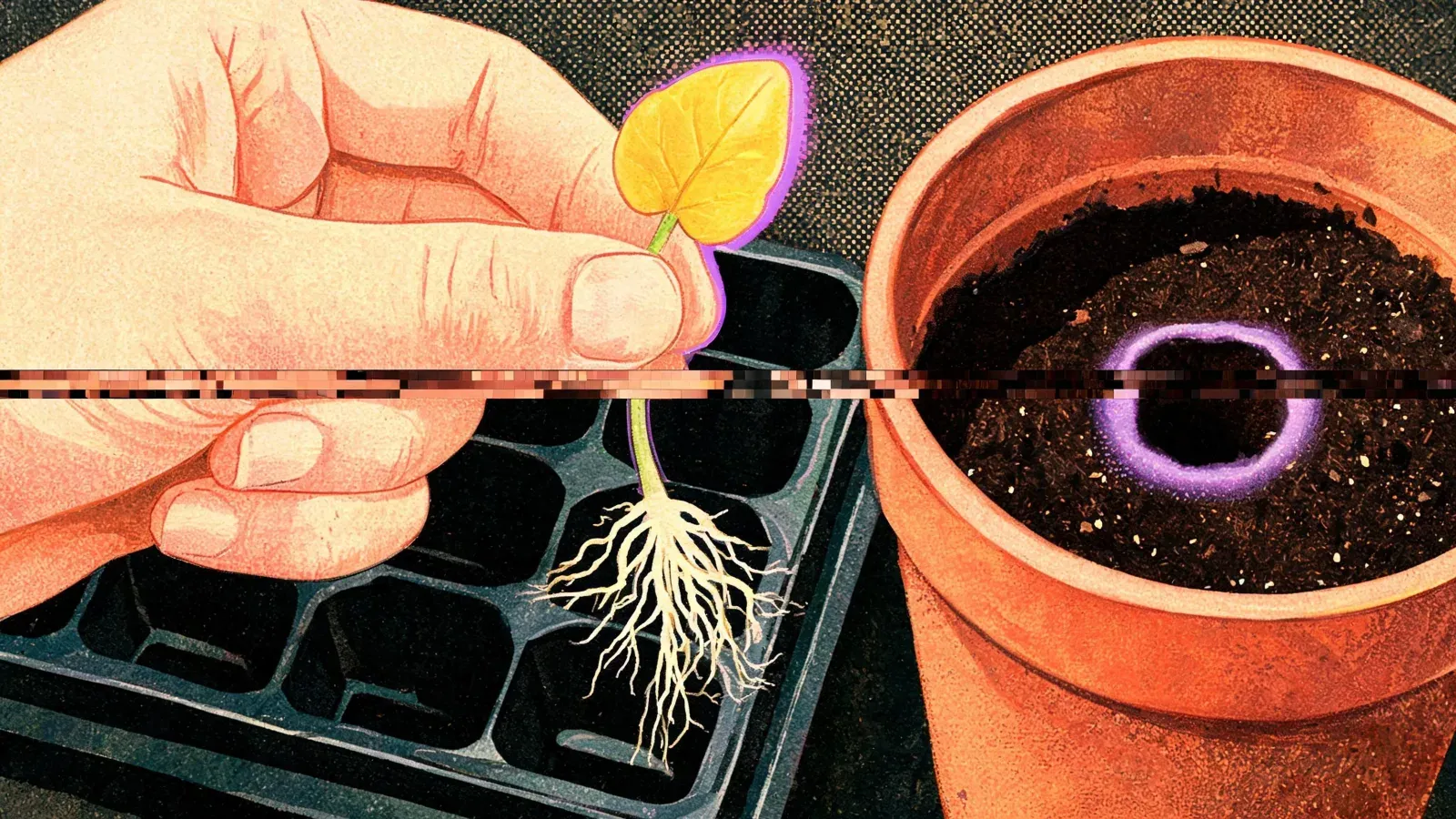 A hand lifting a tiny seedling from a cell tray by one leaf, roots trailing, beside a pot of mix with a hole ready.