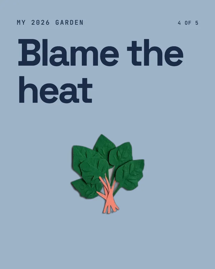Example card. MY 2026 GARDEN. Blame the heat.