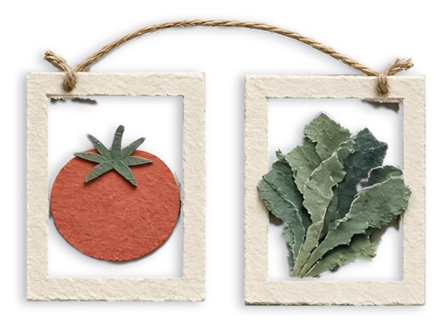 Cut-paper photos of plants, each tagged to its bed