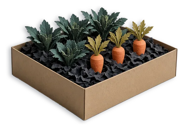 A cut-paper raised bed of vegetables