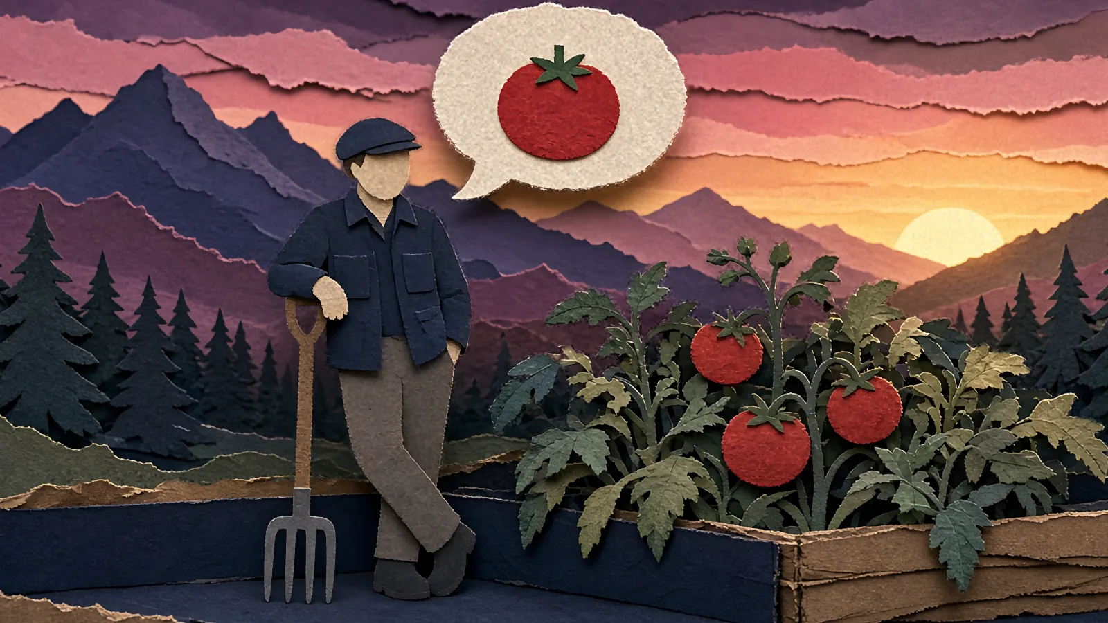 A paper gardener at dusk leaning on a garden fork, with a big paper speech bubble rising above holding a tomato.