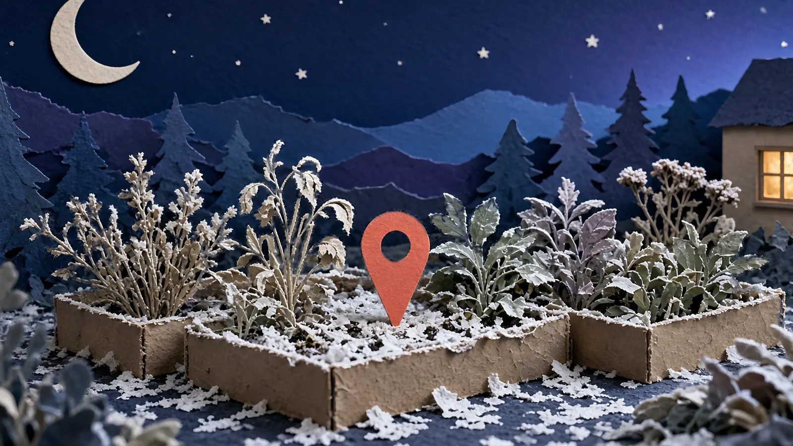 A cut-paper garden at blue hour under frost, with a large map pin in one bed and paper stars above.