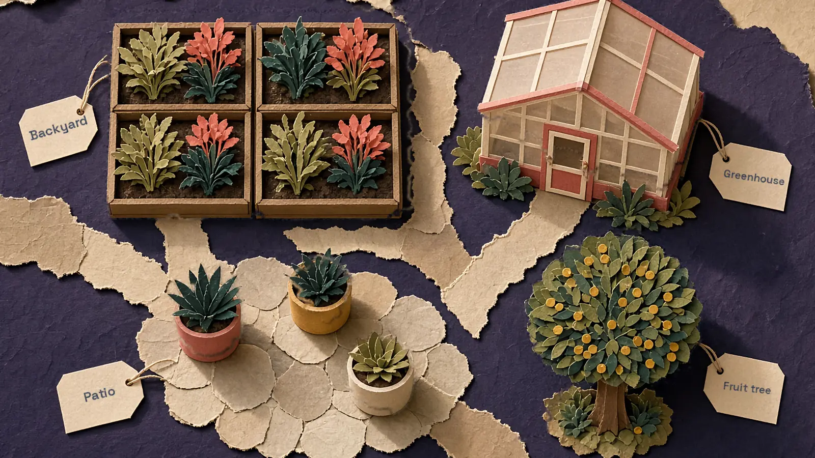 A top-down cut-paper yard with raised beds, pots on a patio, a greenhouse and a fruit tree, each with a small paper tag.