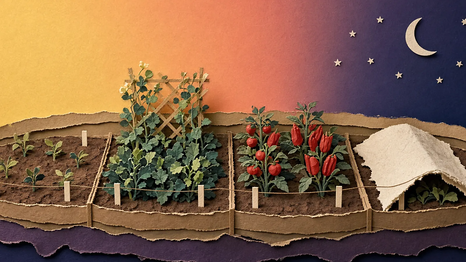 Four cut-paper raised beds that run through the seasons, from spring seedlings to a fall bed under frost cloth.