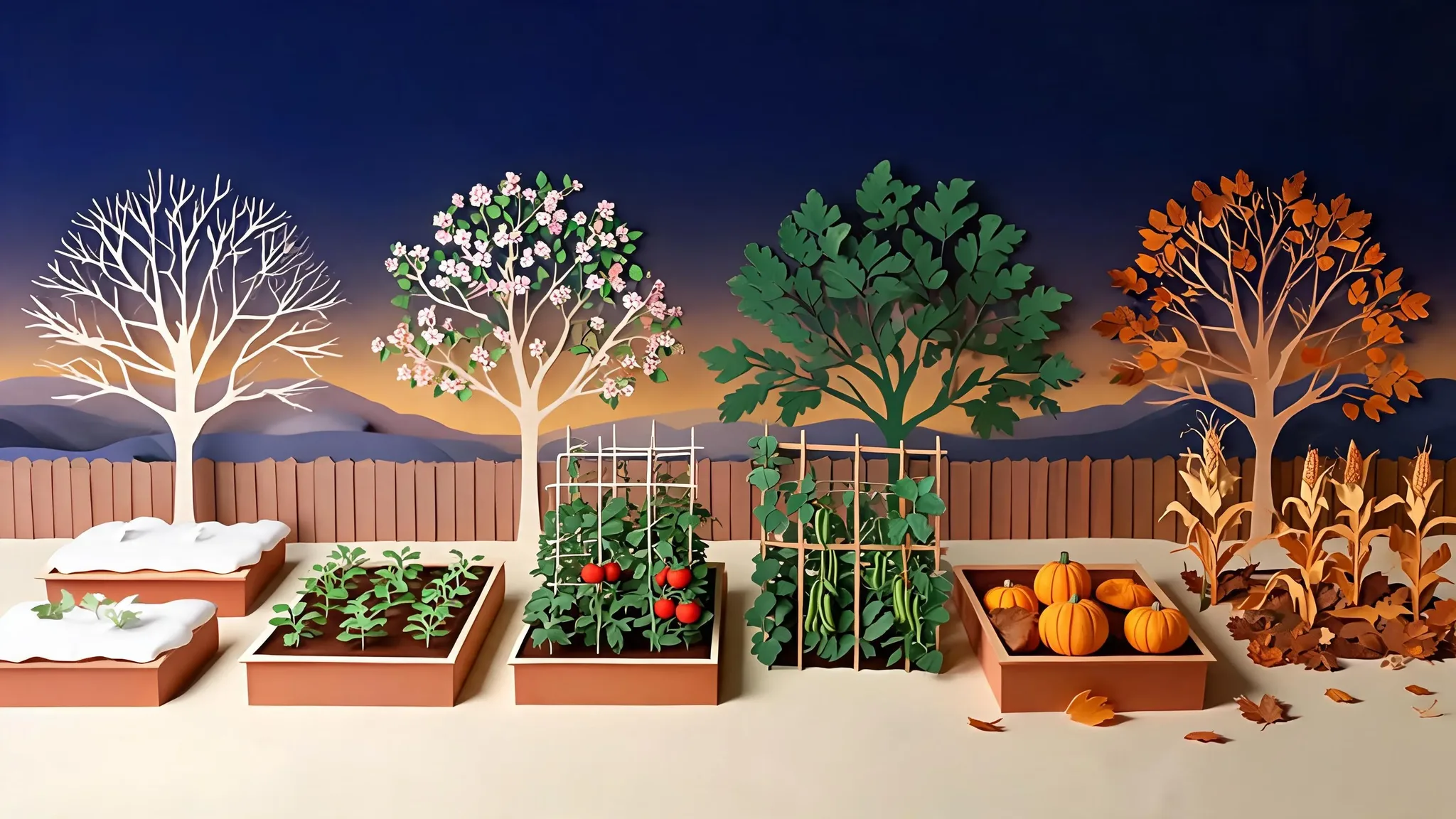 A cut-paper backyard across one year, left to right: a bare tree and snow on the beds, then blossom and seedlings, then tomatoes and beans in high summer, then pumpkins and dry corn in fall.