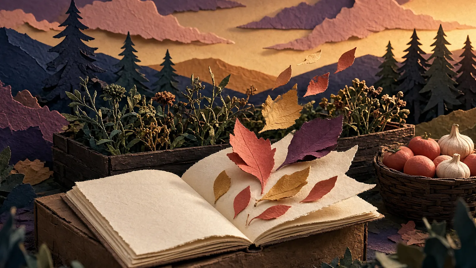 An open paper journal on a crate at golden hour, its pages turning into paper leaves.