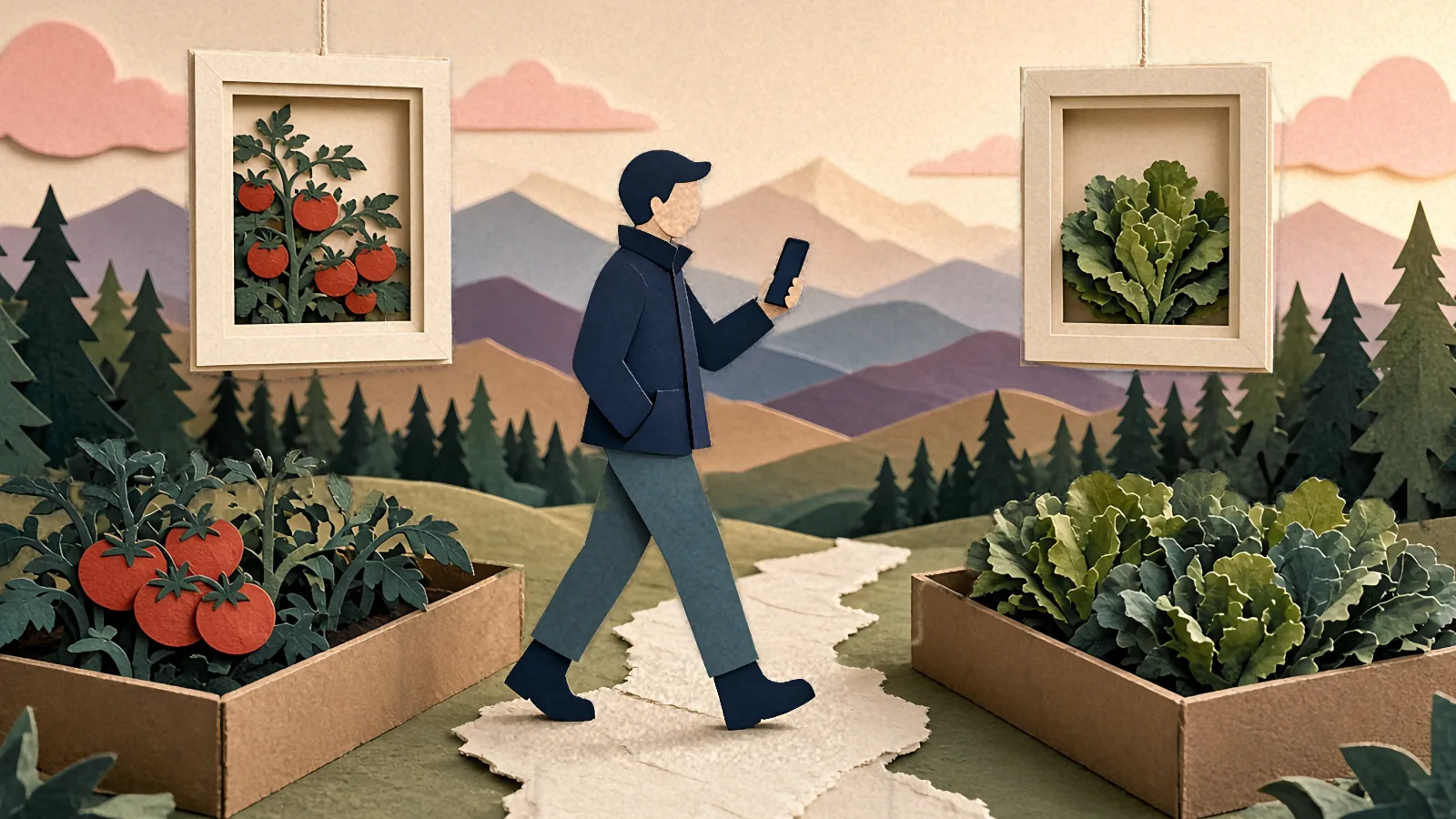 A paper gardener walking between beds holding up a phone, with small paper photo frames floating to each bed.