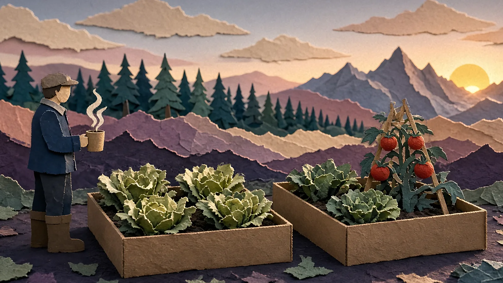 A paper gardener with a mug at sunrise, standing by raised beds.