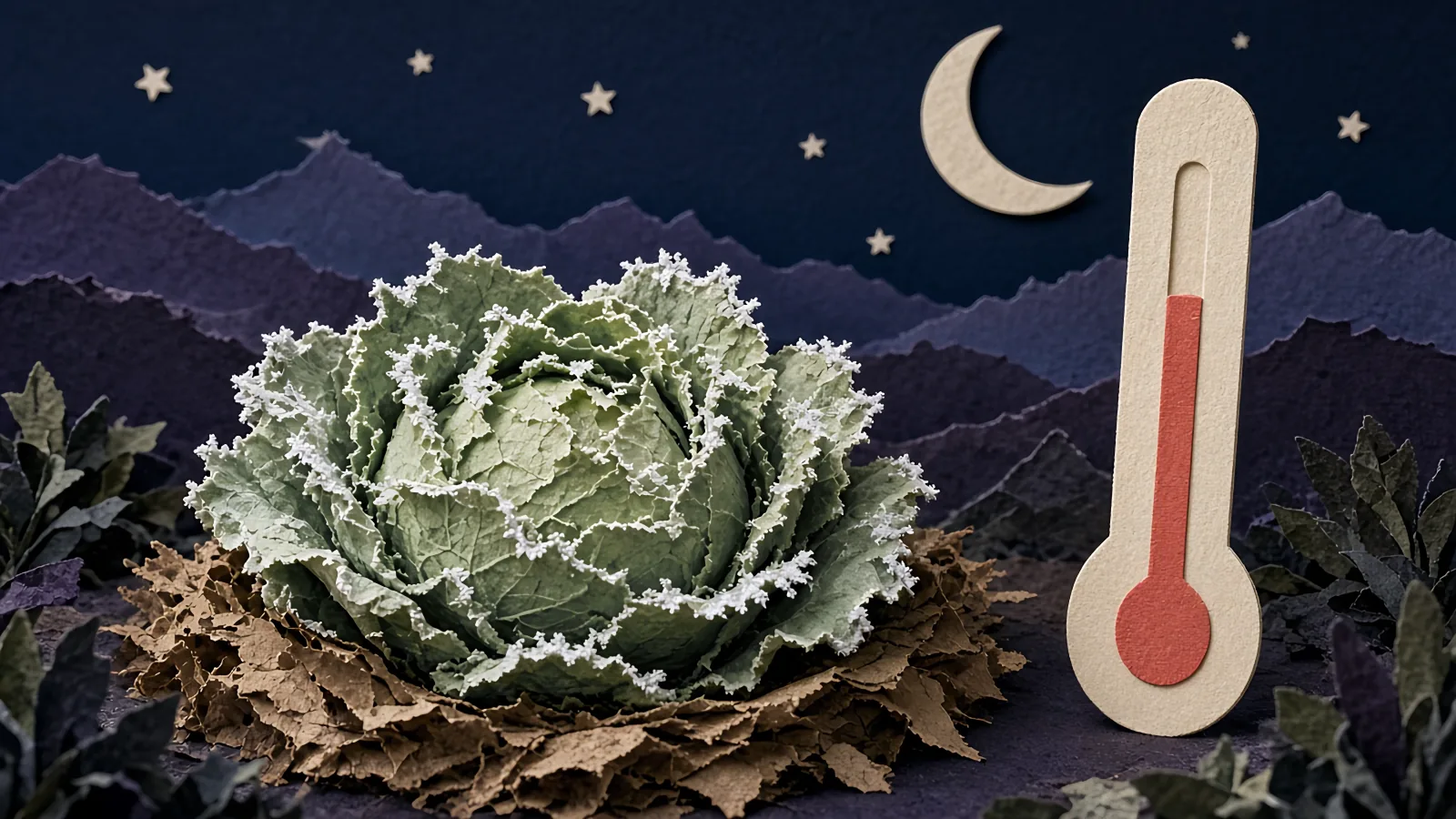 A frost-touched cut-paper cabbage beside a paper thermometer under a crescent moon on a clear night