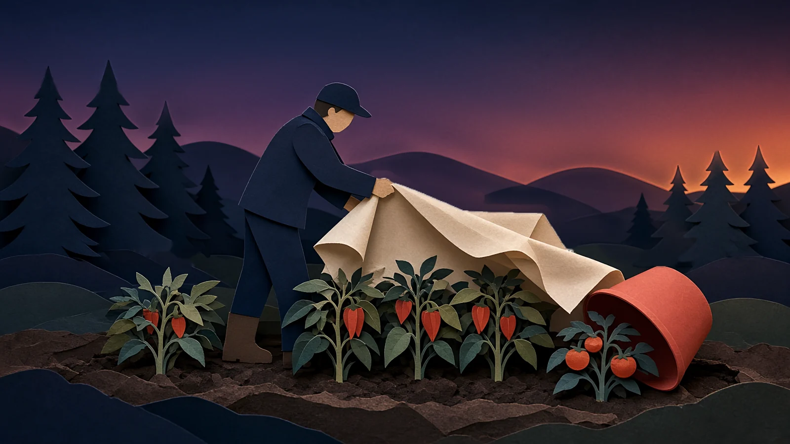 At dusk a cut-paper gardener throws a sheet over a row of pepper plants, with a bucket ready beside them