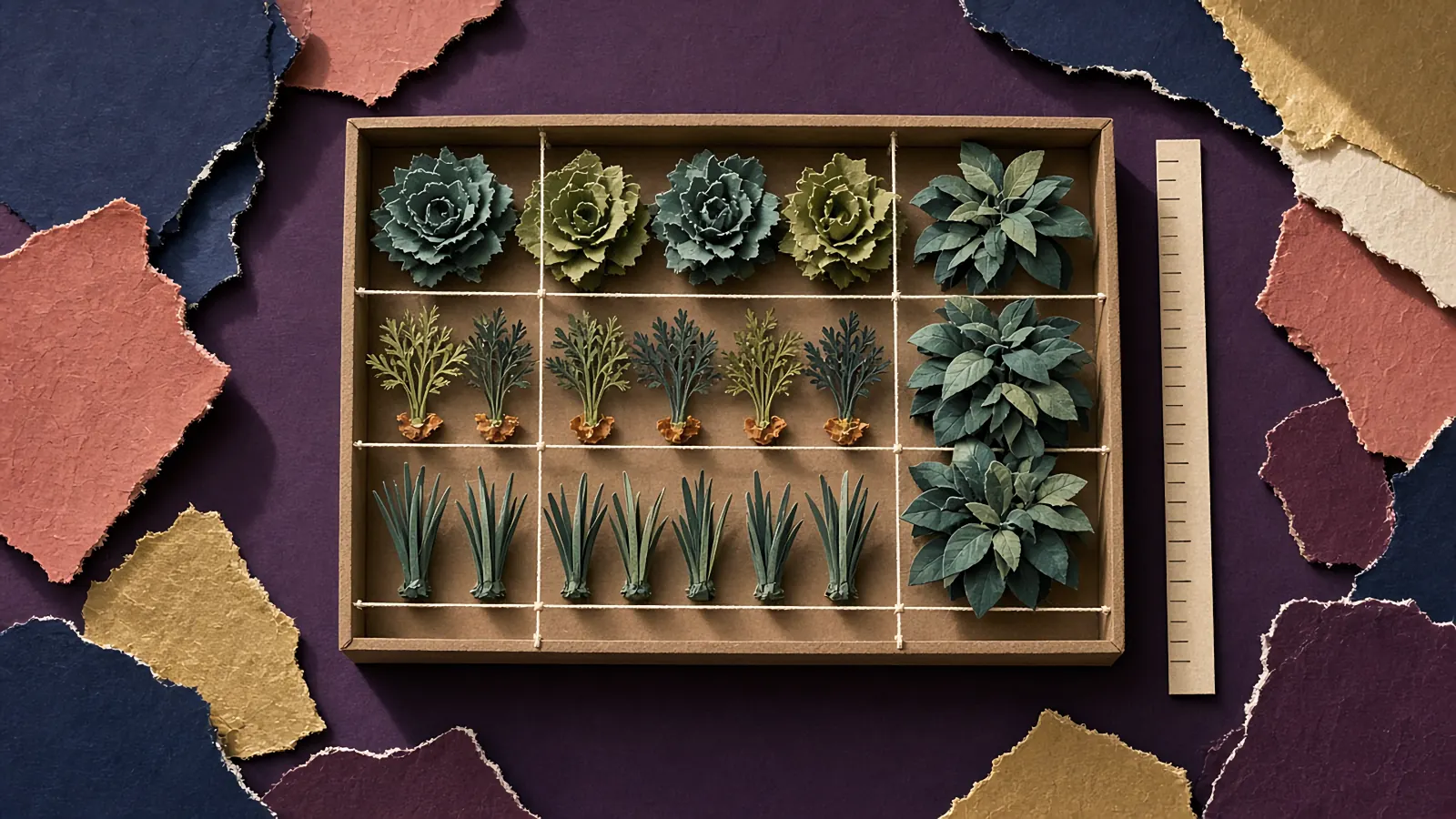A top-down cut-paper garden bed divided into a grid with twine, plants set out in rows beside a paper ruler