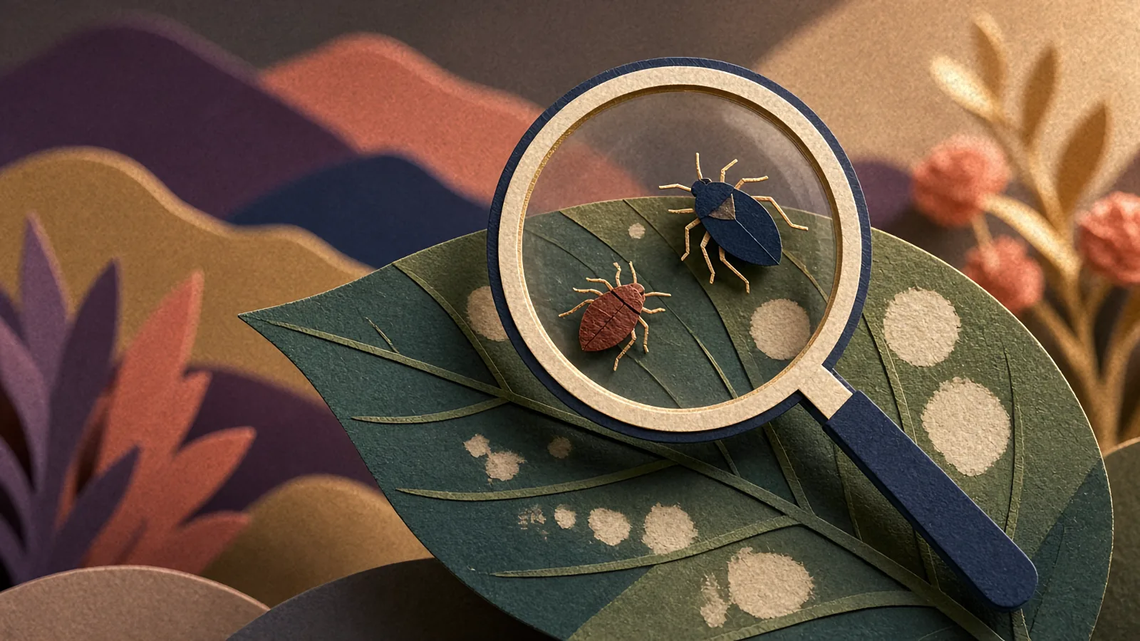 A paper magnifying glass over a spotted leaf, showing tiny cut-paper bugs