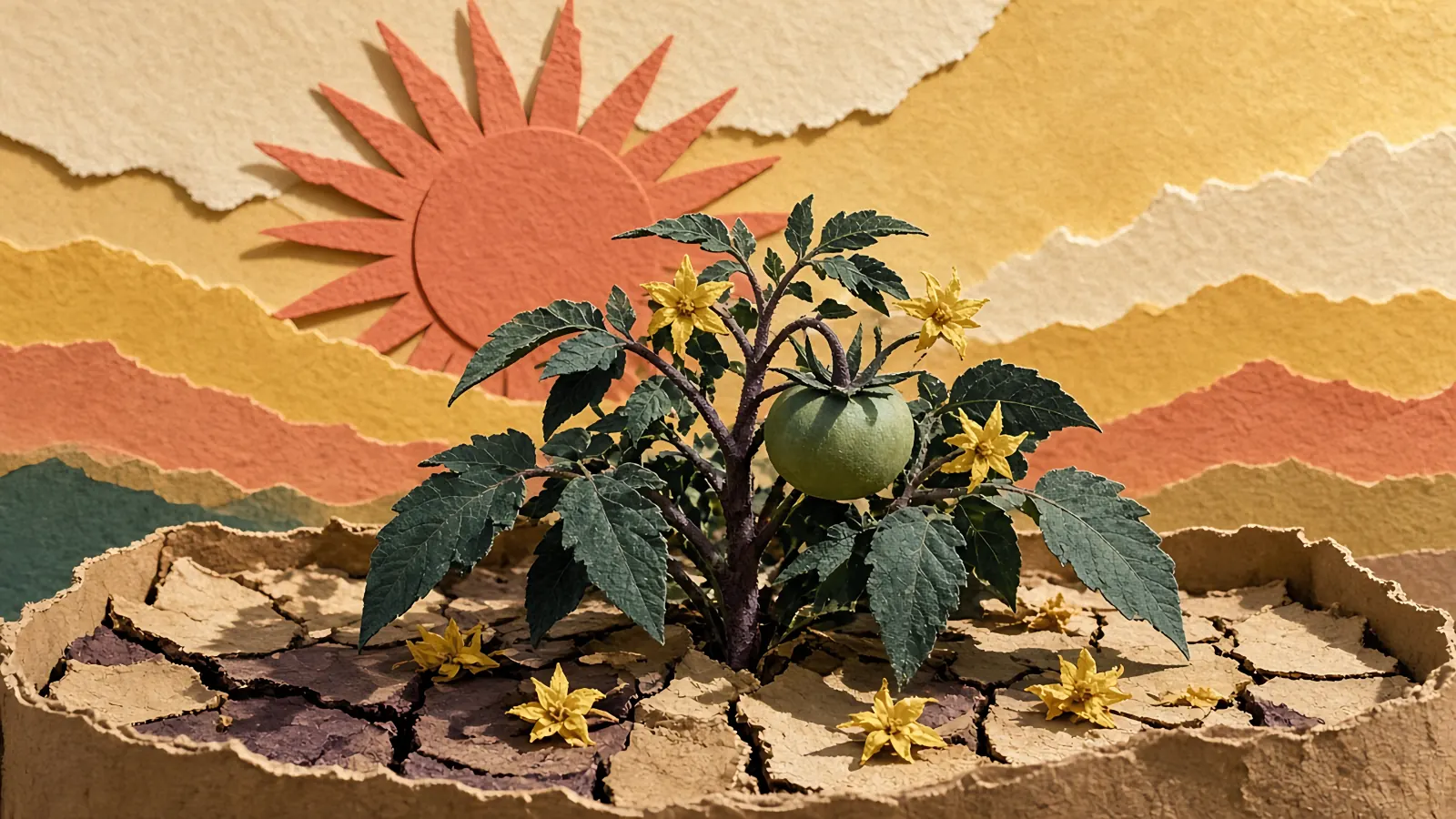 A coral paper sun over a tomato plant in cracked dry soil, with a few dropped flowers