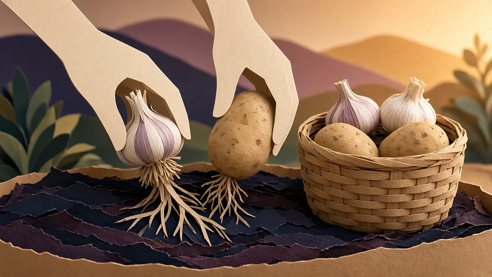 Cut-paper hands lifting garlic and a potato from the soil beside a basket of the harvest