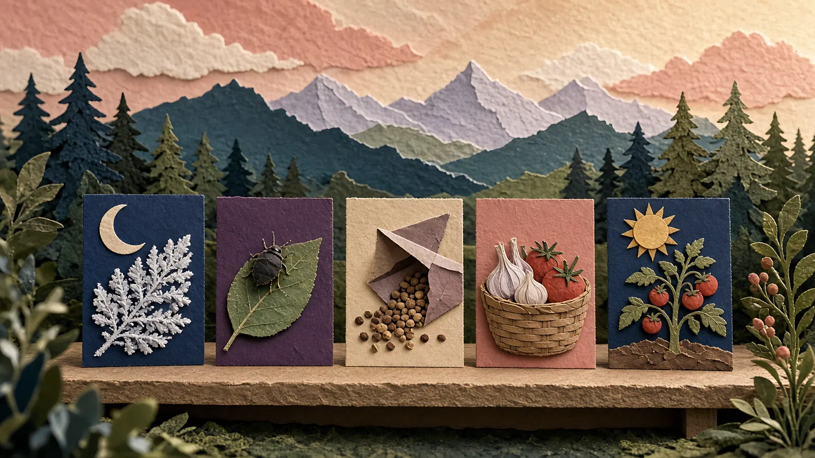A paper shelf of guide booklets with small scenes on their covers, from frost and pests to seeds and harvest, below paper mountains