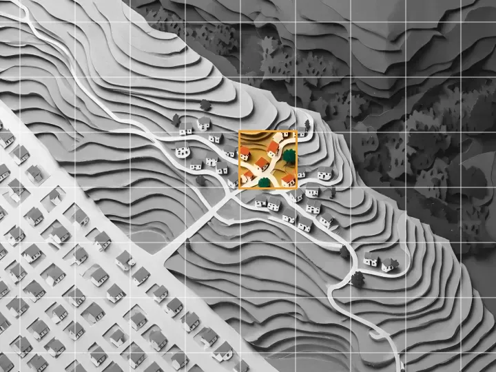 A black and white paper-cut aerial map: a flat town street grid, then a foothill neighborhood of curving streets and houses, then forested mountains, with one square of homes in full color inside a gold outline and a map pin at its center.