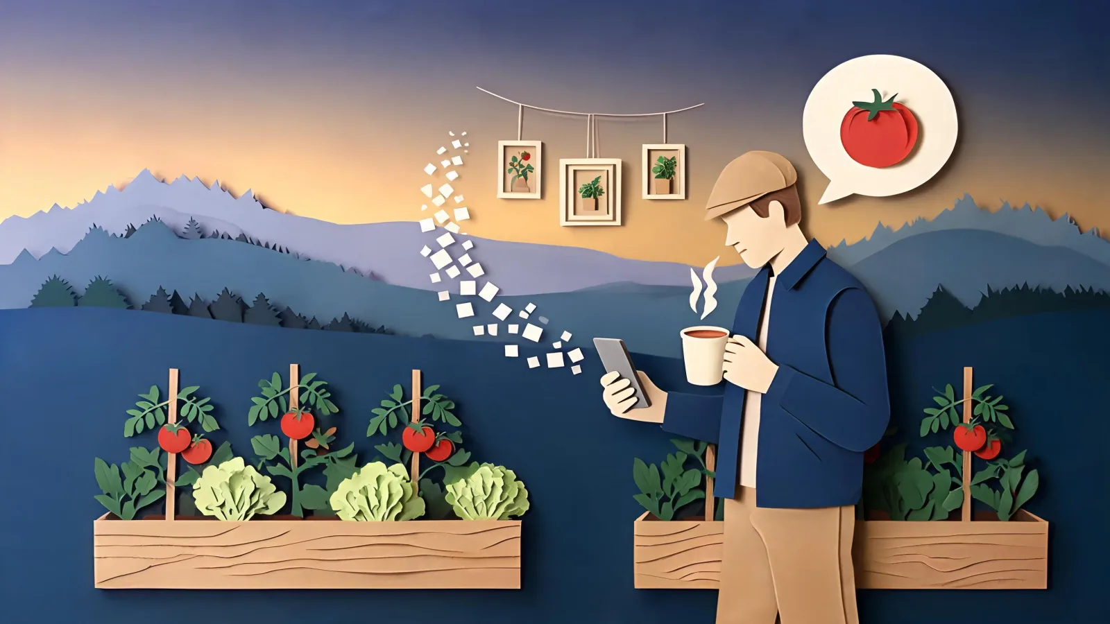 A cut-paper gardener with a coffee mug takes a photo of his tomatoes with his phone, and a trail of paper squares rises from the phone into photos of his plants hanging above the beds, beside a speech cloud with a tomato in it.