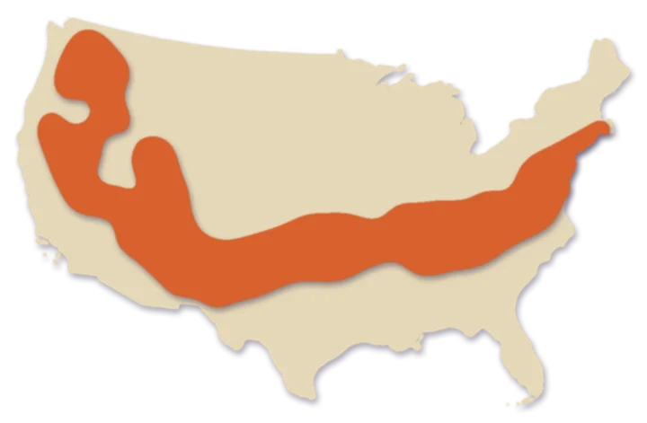 A paper-cut map of the lower 48 states with one bold band of color across it, the zone Ogden, Utah is in, and a pin at Ogden.