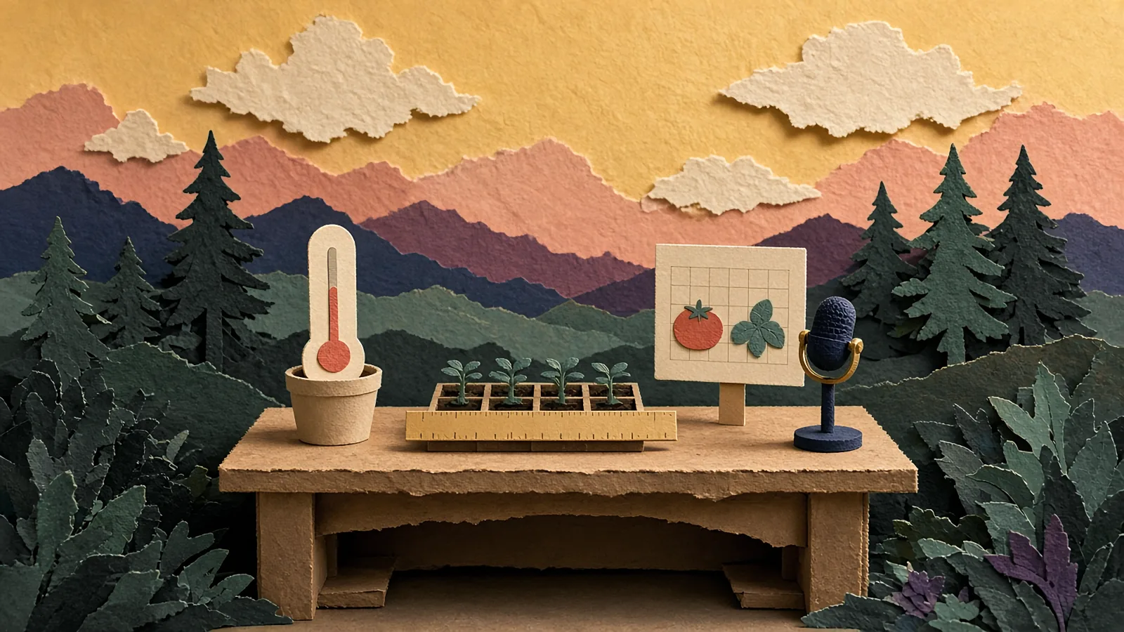 A paper workbench holding a thermometer, a ruler, a companion chart and a microphone at sunset